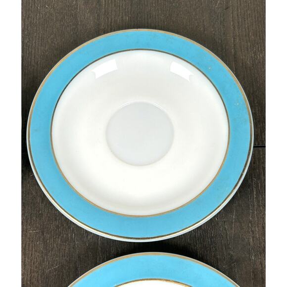 4 Vintage Pyrex Saucers Plates Turquoise Blue Band Milk Glass W/ Gold Trim 6" - Picture 4 of 8